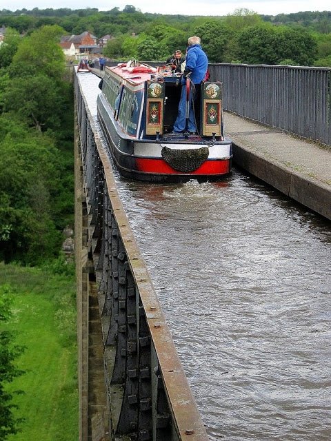 Narrowboat on Aqueduct Bridge in Britain