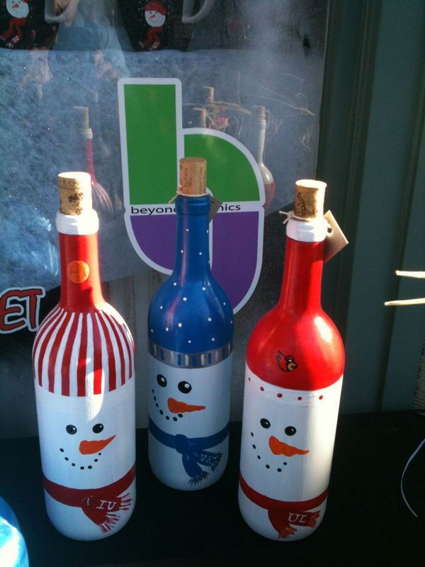snowman painted wine bottles