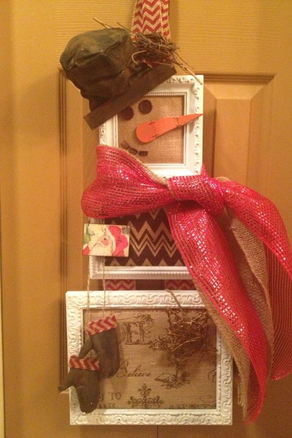 snowman wreath from picture frames and burlap backing
